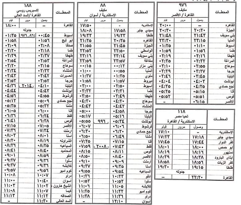 مواعيد بعض القطارات على بعض الخطوط بالوجهين القبلى والبحرى