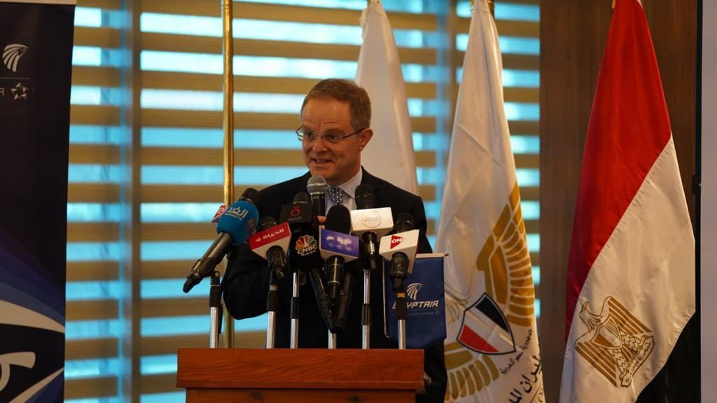 مراسم إنطلاق أولى رحلات شركة مصر للطيران إلى مدينة مانشستر بالمملكة المتحدة