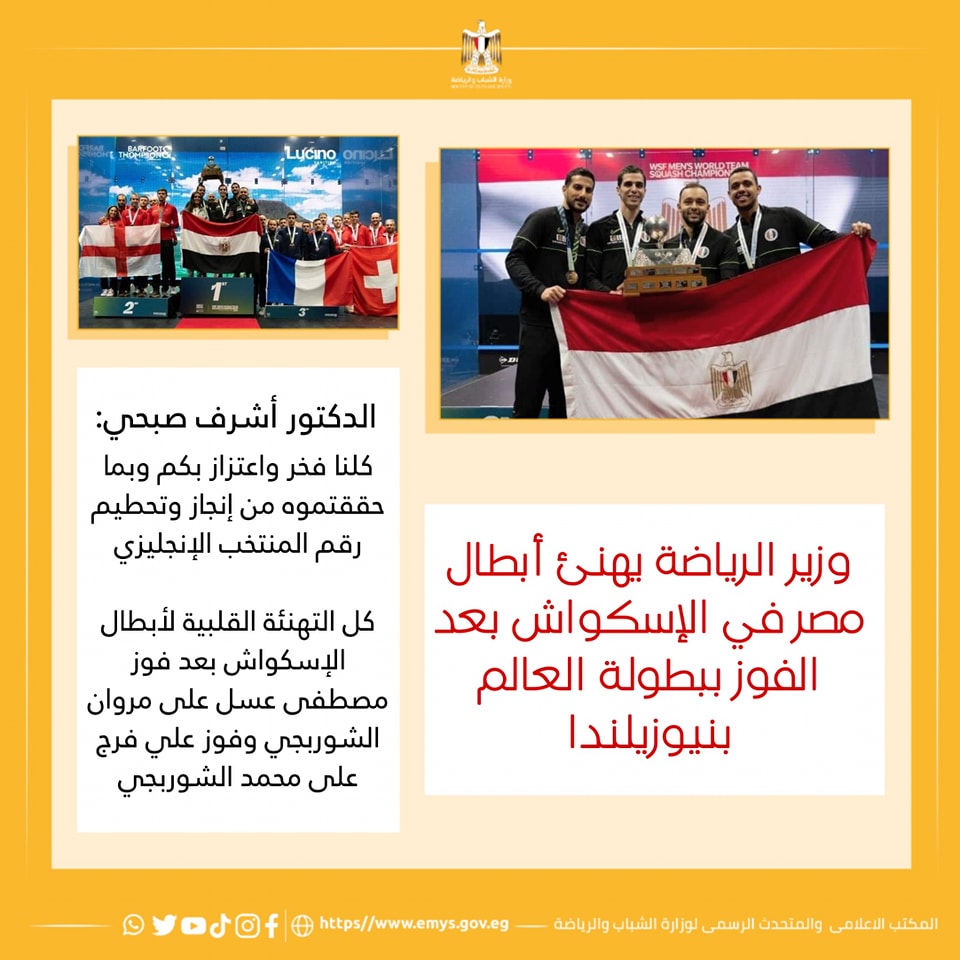 وزير الرياضة يهنئ أبطال مصر في الإسكواش